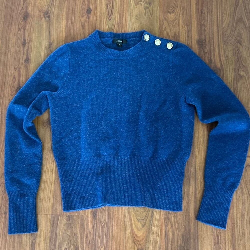 J Crew royal blue Marina wool blend crewneck sweater with gold button detail